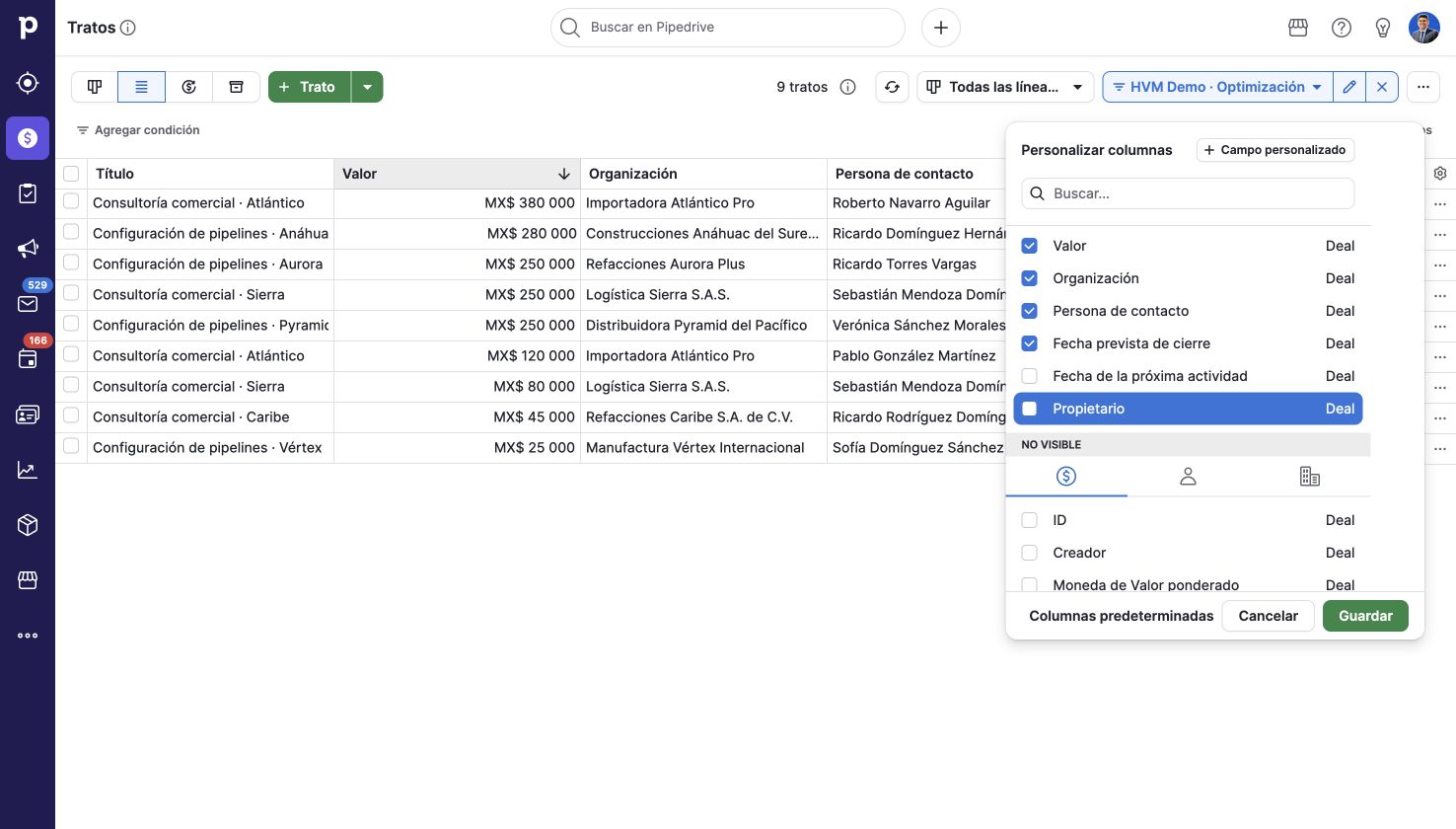 Selección de campos visibles. Pipedrive en una cuenta de demostración.
